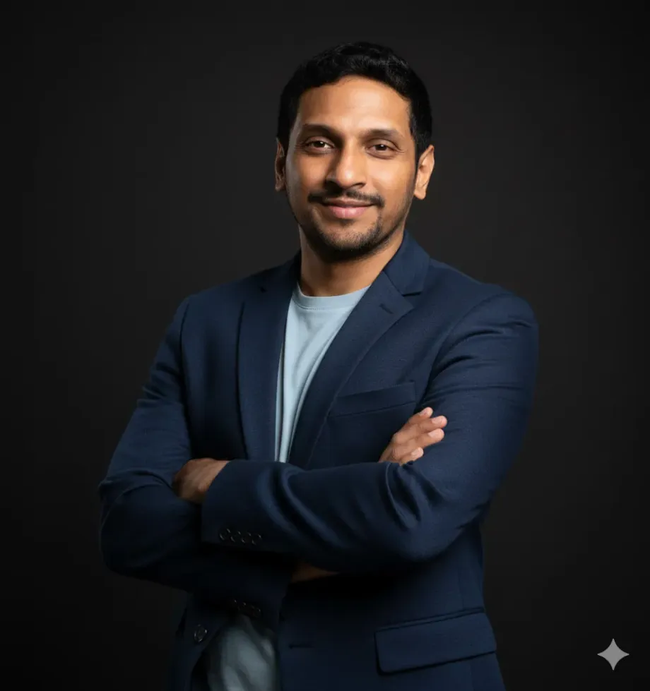 Nano Banana Headshot: Navy Blazer on a Dark Background — example result generated with Nano Banana